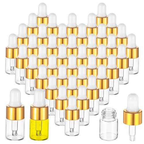 100 Pcs Mini Glass Oil Dropper Bottle Bulk, 2 ml Gold Clear Essential Small Empty Bottles Sample Containers Perfume Liquid Vials with Cap for Traveling