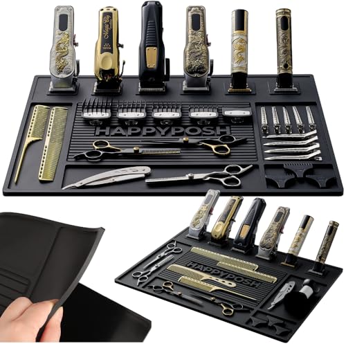 Magnetic Barber Mat for Clippers, Large Professional Barber Station Mat with 6 Strong Magnets, Non-Slip Rubber Barber Tool Organizer for Salon Stations, 20" x 14" Black