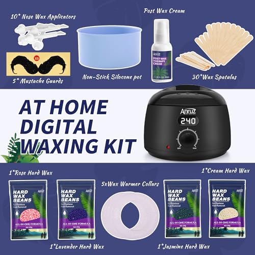Waxing Kit for Women Men - Digital Wax Kit for Hair Removal with Post-Wax Cream, Silicone Bowl & 55 More Accessories, at Home Use Warmer for Body, Bikini, Eyebrow, Face, Sensitive Skin
