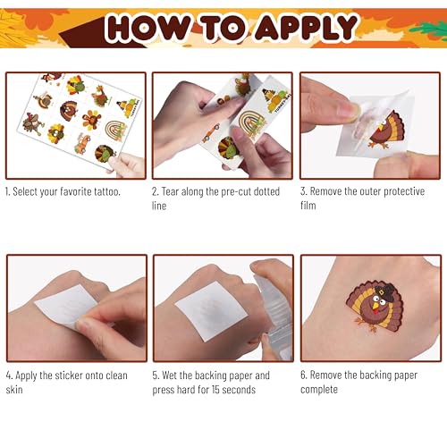 96PCS Thanksgiving Turkey Tattoos Stickers Pre-Cut Themed Autumn Fall Tattoos 1st Birthday Party Decorations Supplies Decor Favors for Kids Harvest Festival Prizes Rewards