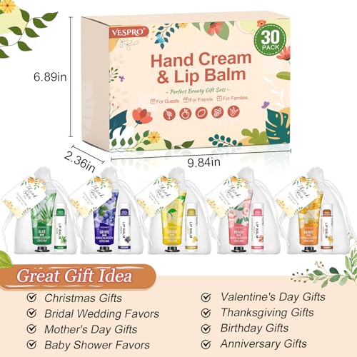 30 Pack Bulk Hand Cream and Bulk Lip Balm Sets, Easter Basket Stuffers, Wedding Favors for Guests with Thank You Card and Organza Bags, Mothers Day Gifts, Teacher Appreciation Gifts and Nurse Gift