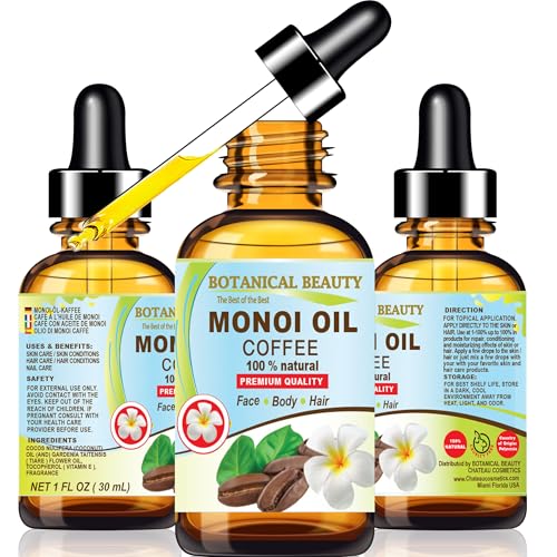 Botanical Beauty MONOI OIL COFFEE. Frangipani flowers in Coconut Oil with Coffee aroma. 100% Natural Pure for FACE, SKIN, BODY, HAIR, NAILS. Luxury Beauty Oil (1 Fl Oz 30 ml)