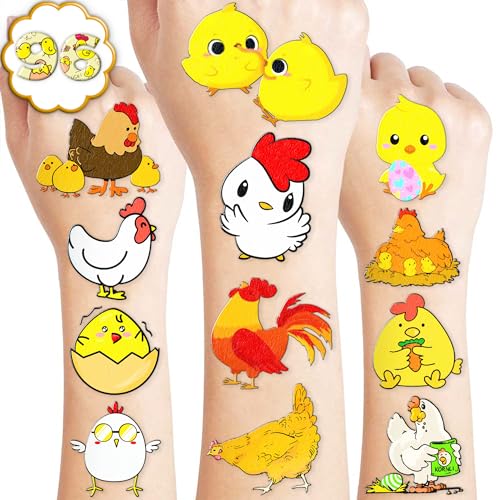 96 PCS Chicken Pre?Cut Temporary Tattoos Birthday Party Decorations Favors Supplies Yellow Chicken Farm Animals Decor Stickers For Girls Boys Gift School Prizes Rewards