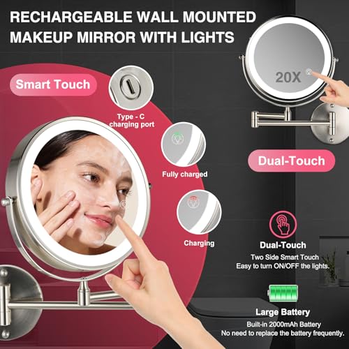8.5 Inch Magnifying Mirror with Lights, Wall Mounted Makeup Mirror, Dual-Sided 1X/20X, Bright LED Lighting, Space-Saving Design for Bathroom & Vanity, Brushed Nickel