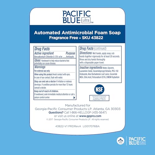 Georgia-Pacific-43822 Pacific Blue Ultra Antimicrobial Foam Soap Refills for Automated Touchless Soap Dispenser, Dye & Fragrance Free, 3 Bottles/Case
