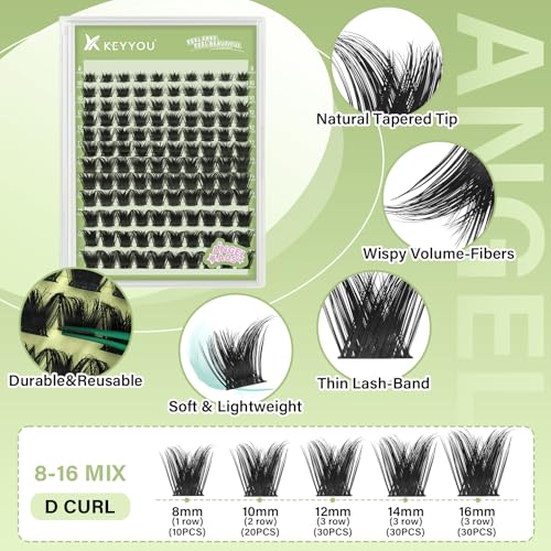 KEYYOU LASH clusters 144Pcs D Curl Angel Eyelash Extension Thick Wispy Natural Band Lash with Waterproof DIY Lash Extension at Home£¨Angel A05-D-8-18MIX£©