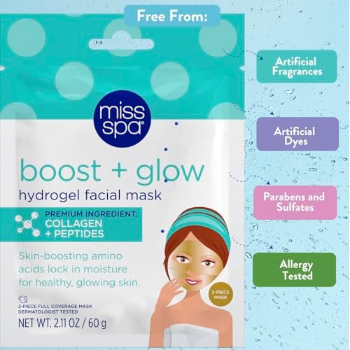 MISS SPA Boost Glow Hydrogel Facial Mask Collagen & Peptide Infused Sheet Mask Moisturizing, Firming & Radiance-Boosting Skincare Treatment for Glowing Skin, Anti Aging Skin Care, 4 Pack