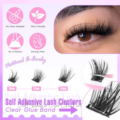 Zegaine Self Adhesive Eyelashes Natural Self Adhesive Lash Clusters Wispy Pre Glued Eyelash Clusters Clear Band C-Curly Pesta?as Postizas Naturales Wispy Glueless Lashes No Glue Needed 10-14MM