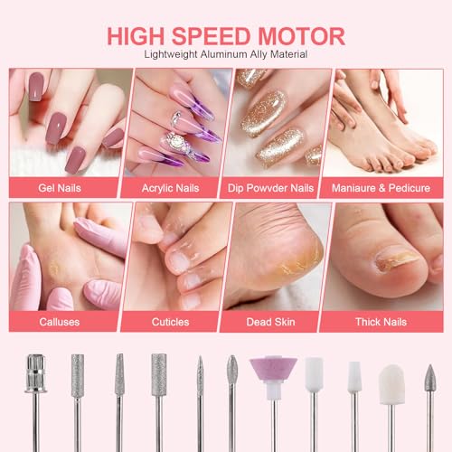 Electric 45000RPM Nail Drill Machine Rechargeable Portable Nail File Electric DIY Nail Drill Kit with Smart LCD Screen for Gel Nail Manicure and Pedicure Reflective Body etc (White)
