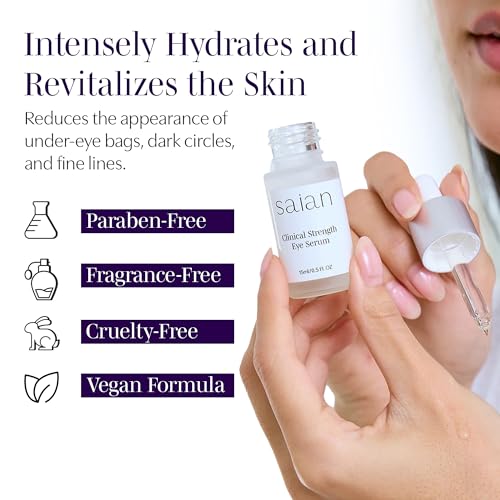 Saian Clinical Strength Eye Serum - Under Eye Serum for Dark Circles and Bags - Hydrating Hyaluronic Acid Peptide Depuffer for Puffiness and Fine Lines - Vegan Care for the Under Eye Area - 0.5 Fl Oz