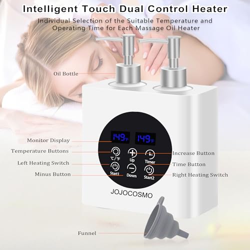 Massage Oil Warmer, Massage Oil Heater with Two Oil Bottle dispensers, Body Liquid Warmer from 30 to 65 ¡ÆC, Lotion Bottle Warmer Shampoo Heater for Salon (Double White)