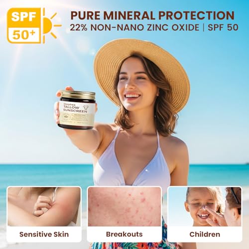 Beef Tallow Sunscreen (2 pack): SPF 50 Daily Sun Care for Extremely Sensitive, Acne-Prone & Kid-Safe Skin ? Non-Toxic Sunblock with 22% Non-Nano Zinc Oxide, Clean Formula for Face & Body