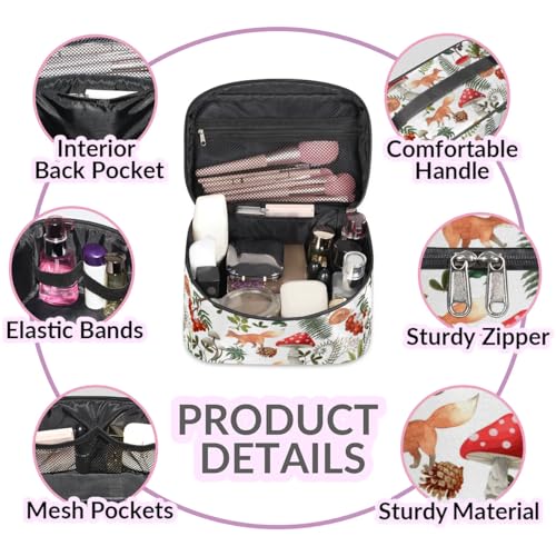 Makeup Travel Bag Organizer Toiletry Bag for Women Portable Cosmetic Storage Case with Handle, Large Capacity Lightweight Toiletries Brush Zipper Bag - Mushroom Fox