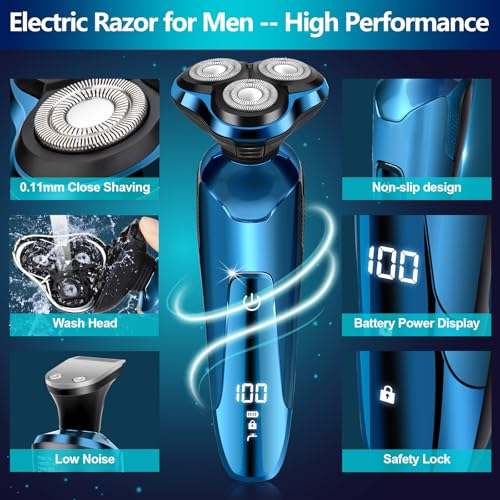 Electric Razor for Men, IPX7 Waterproof 3D Rotary Shaver, Rechargeable Cordless Shaver for Men with Wet/Dry Function & LCD Display, Ideal Shaving Gifts for Husband, Dad, Boyfriend