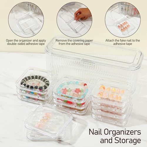24 Pcs Clear Press On Nail Storage Box with 2 Large Organizers and 60 Adhesive Tapes, for Fake Nail Display, Nails Salon Packaging, and Nails Art Organization