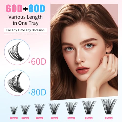 DIY Lash Extension Kit Volume Lash Clusters 60D+80D D Curl Individual 280 pcs Lashes Lash Clusters Kit Thick Eyelash Extension Kit Lash Bond Seal Lash Tweezers (60D&80D, Lash Kit)