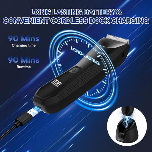 Pubic & Body Hair Trimmer for Men, 2 In 1 Electric Ball Groin Razor Shaver with Ceramic Blade, No Nick Mens Grooming Kit for Wet/Dry Use, Cordless Charging Body Groomer with Led Display, Black