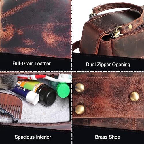Leather Wash Bag for Men - Travel Toiletry Bag - Shaving Dopp Kit Toiletries Organizer - Leather Makeup Bag for Women