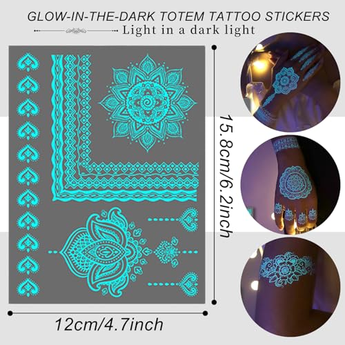 Glow-in Dark Temporary Tattoos Set- 6Sheets Luminous Flower Henna Fake Tattoo Sticker Sexy Lace Henna Waterproof Removable Tattoos for Face Body Night Tattoos Party Supplies Decoration(fluorescence)