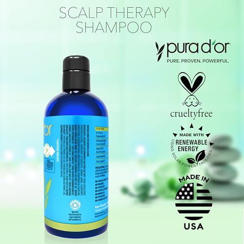 PURA D'OR Scalp Therapy Shampoo - Hydrates & Nourishes Scalp - Scalp Care Shampoo For Itchy Flaky Scalp w/ Tea Tree, Peppermint, Patchouli, Cedarwood, Clary Sage, Argan Oil 16oz (Packaging may vary) (00602)