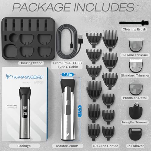 HUMMINGBIRD MK9 MasterGroom All-in-One Trimmer ? 21-Piece Men's Grooming Kit for Beard, Head, Hair, Body, and Face, Waterproof, Stainless Steel, USB C Rechargeable, LED Display