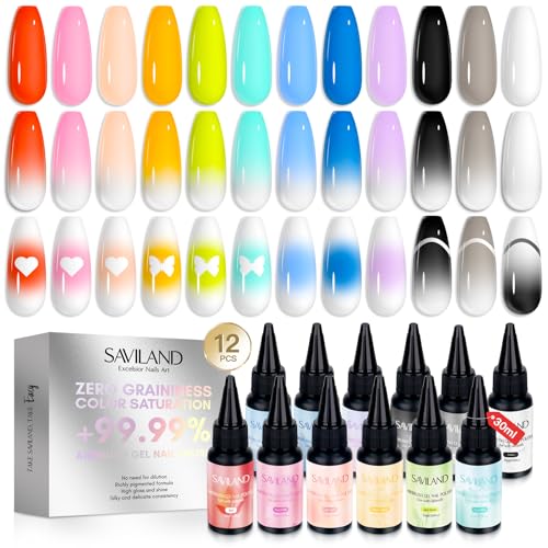 SAVILAND Airbrush Gel Nail Polish Hema-Free: Dilution-free 30ML Airbrush Polish Set, Cool & Warm Colors Non-Acetone Airbrush Stencils for Nails Airbrush for French Nail Art Manicure DIY Salon & Party