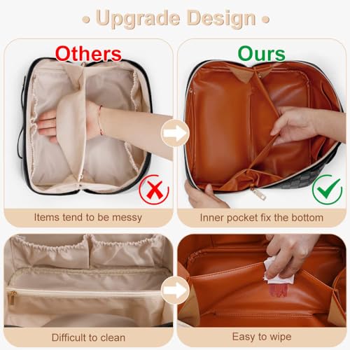 Checkered Travel Makeup Bags Cosmetic Organizer Bag: 2-Set Large Capacity Waterproof Makeup Bag - PU Leather Toiletry Bag for Women - Wide Open Portable Pouch with Handle and Divider (BROWN)