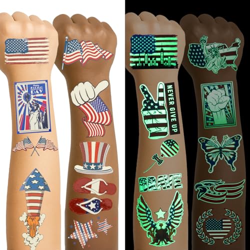 USA Flag Glow in the Dark Temporary Tattoos - Patriotic, USA Accessories, American Flag with Face - Individually Wrapped, Themed Designs, Waterproof Fake Tattoos