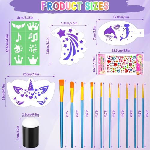 55PCS Face Paint Stencils Kit Includes 33 Reusable Facial Painting Stencils, 6 Sheets Tattoo Templates Stickers, 10 Brushes, 2 Pack Adhesive Gems, 4 Sponge for Halloween Festival Party Makeup