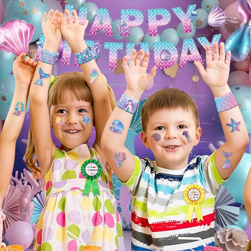 72 PCS Mermaid Party Favors - 48 Temporary Pre-Cut Tattoos & 24 Slap Bracelets - Party Favors for Boys & Girls, Birthday Goodie Bag Fillers, Baby Shower Gifts, Classroom Rewards