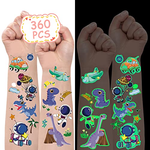 Metker 360PCS Luminous Waterproof Temporary Tattoos - Dinosaurs, Vehicles, Space Themes for Kids Party Supplies