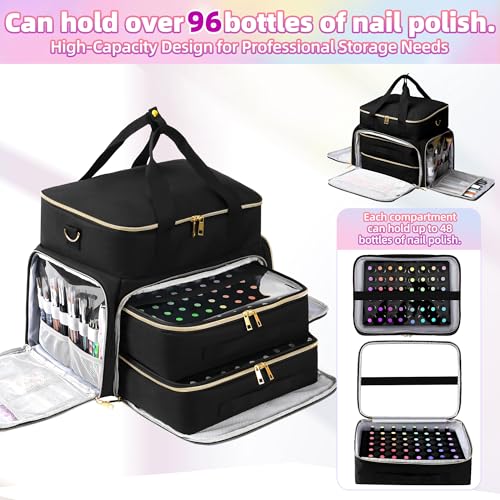 DERSTUEWE Nail Polish Organizer Case ? Waterproof Travel Bag with Hard Bottom ? Double Layer Nail Storage Bag with Adjustable Dividers & Nail Lamp Compartment (Black)