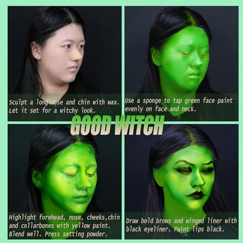 Green Witch Makeup Kit,Elphaba Costume Face Paint,Black Green Yellow Face Paint with Setting Powder,Halloween SFX Scar Wax Putty Wound Makeup,Frankenstein Gamora Hunting Hulk Body Paint