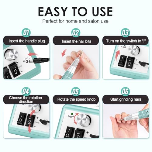 Subay 30000RPM Professional Nail Drill Machine for Acrylic Nails, Gel Nail, Nail Art Polisher Sets with 6 Bits Easy Build-in Bit Holder Twist Lock Changing Bit