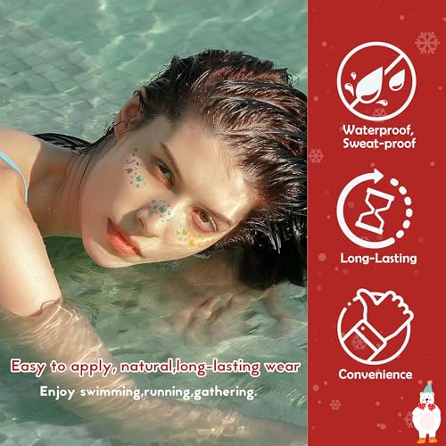 12Pcs Christmas Face Freckles Tattoo Stickers,Glitter Tattoos Face Stickers Waterproof Freckles Makeup Patches,Snowflake Glitter Freckles Stickers Temporary Tattoos for Festival Rave Christmas Party