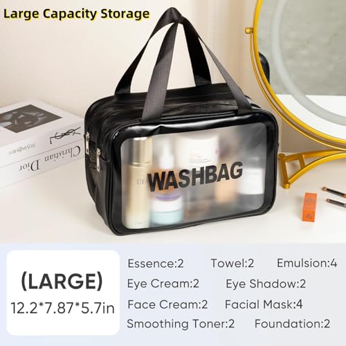 Travel Toiletry Bag for Women, Matte Translucent with Handy Handle, Makeup Cosmetic Organizer Bag for Travel Toiletries Accessories (Black Bag)