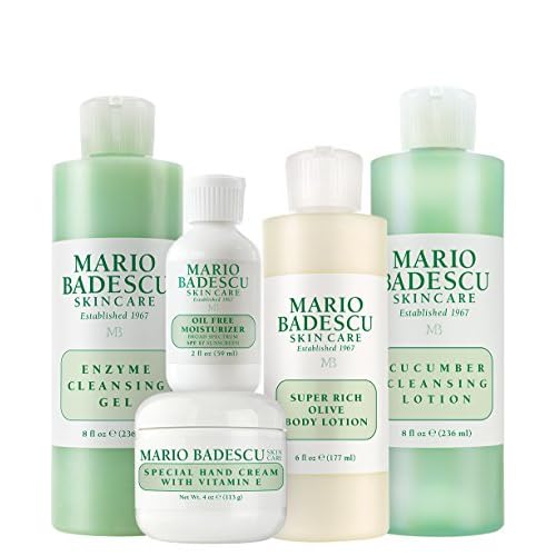 Mario Badescu MB Favorites Collection, Skin Care Gift Set Includes SPF 17 Moisturizer, Enzyme Cleansing Gel, Cucumber Cleansing Lotion, Hand Cream, Body Lotion, Cosmetic Bag & Compact Mirror
