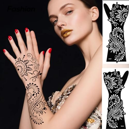 10 Sheets Temporary Tattoo Stencils - Henna Tattoo Stencil Kit, Self-Adhesive Indian Arabian Templates for Hand and Body Paint - New Designs, Temporary Tattoo Stickers
