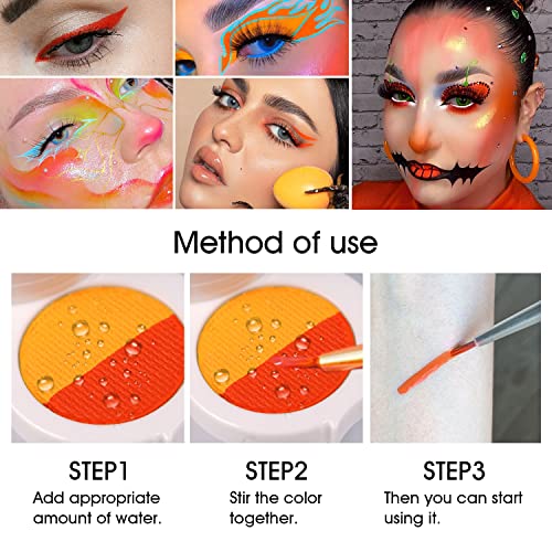 Water Activated Eyeliner Palette with Pressed Chunky Neon Glittee, Water Activated Face Body Paint UV Glow in the Dark Black light, Water Based Graphic Hydra Eyeliners with Cute Fruit Design -Orange