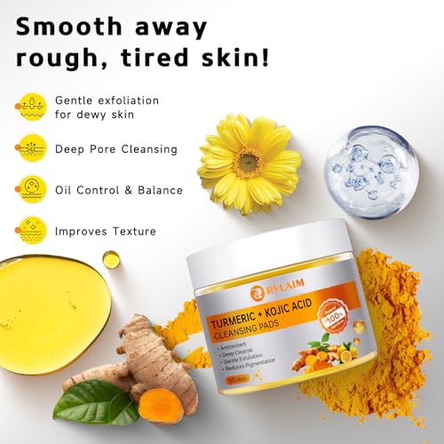 Turmeric Kojic Acid Cleansing Pads, 50 PCS Turmeric Pads for Face Dark Spots Cleansing & Exfoliation