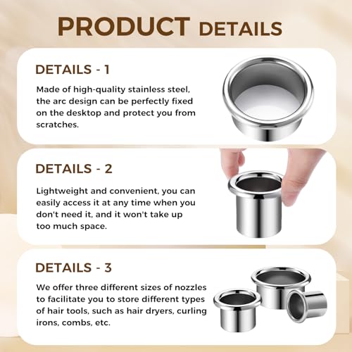 3 Pcs Hair Dryer Holder Insert Curling Iron Holder Stainless Steel Salon Station Appliance Hair Styling Tool Tube Comb Organizer for Hairdresser Bathroom(Sliver,3"+2"+1.5")