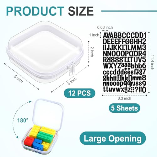 12 Pcs Clear Hard Zipper Case Plastic Zipper Pouch with 5 Sheets Alphabet Stickers Double Toy Storage Organizer Makeup Case for Travel Building Blocks Puzzles Cosmetic(5 x 5 x 2¡±)