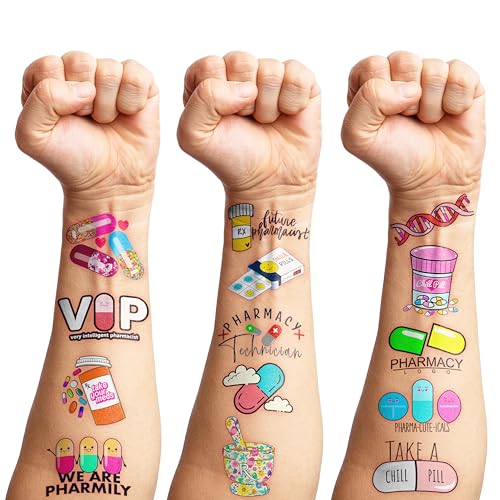 96PCS Funny Future Pharmacy Temporary Tattoos Happy Birthday Party Decorations Supplies Favors Decor Doctor Nurse Pharmacist Tattoo Stickers Gifts For Graduation Kids Adults Boys Girls Prizes Carnival