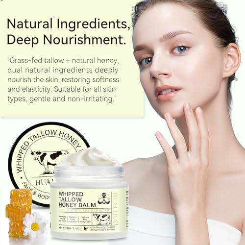 Beef Tallow for Skin, Organic Tallow and Honey Balm, Tallow Face Moisturizer, Grass Fed Whipped Beef Tallow with Honey Beeswax - Deeply Hydrates and Moisturizes Face Body, Unscent, No Greasy