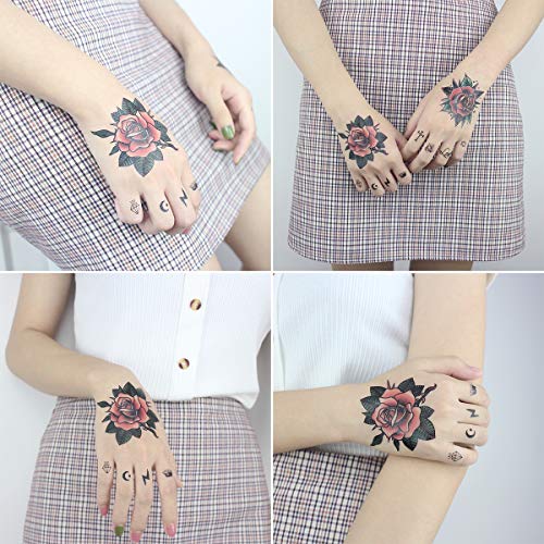 9 Sheets Women Hand Back Red Rose Black Flower Sun Moon Butterfly Totem Temporary Tattoo Stickers