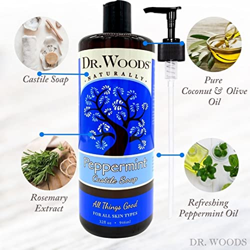 Dr. Woods Peppermint Liquid Castile Soap with Pump - Castile Soap with Pure Peppermint Oil, Body Wash for Men and Women, Contains Olive Oil, Natural Cleaner for Face, Hands, and Body - 32 Fl Oz