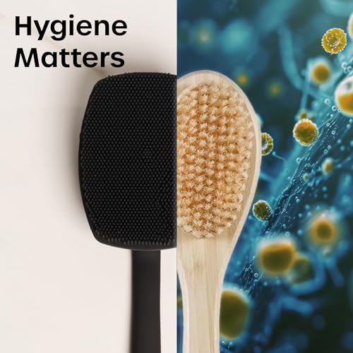 The Man Silicone Back Scrubber for Men - 18.5¡± Shower Brush with Long Handle for Back & Body - Exfoliates, Clears Pores & Prevents Breakouts - Hygienic Body Washer with Hook