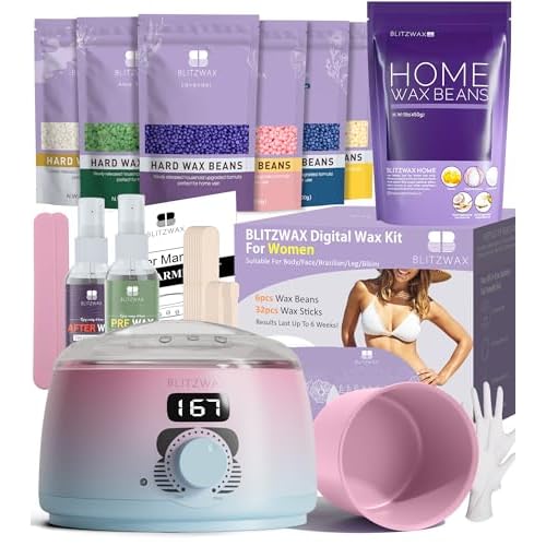 BLITZWAX Brazilian and Bikini Waxing Kit with 1lb Lavender Wax Beads, Digital Wax Warmer for Face, Legs, Body, Beginner Friendly, At Home Hair Removal Kit for Women, 7 Packs Wax Beans