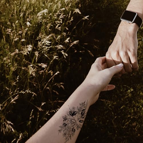10 Sheets Waterproof Temporary Tattoo Stickers 3D Black Branch Rose Peony Flower Girls Blossom Waterproof Arm Leaf Sexy Arm Chains Pattern Perfect for Parties, Events and More
