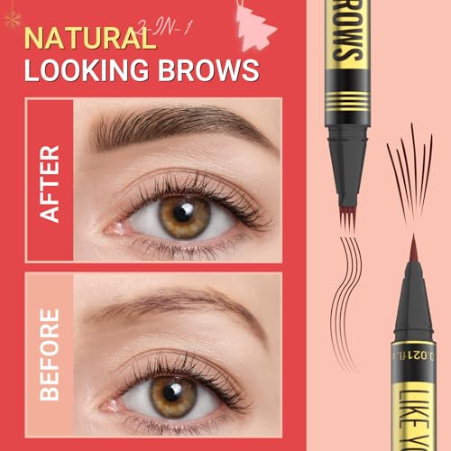 Microblading Eyebrow Pen - 2-in-1 Dual-Ended Eyebrow Pencil with Micro-Fork Tip & Precise Brush-Tip for Natural, Long Lasting Brows - Black